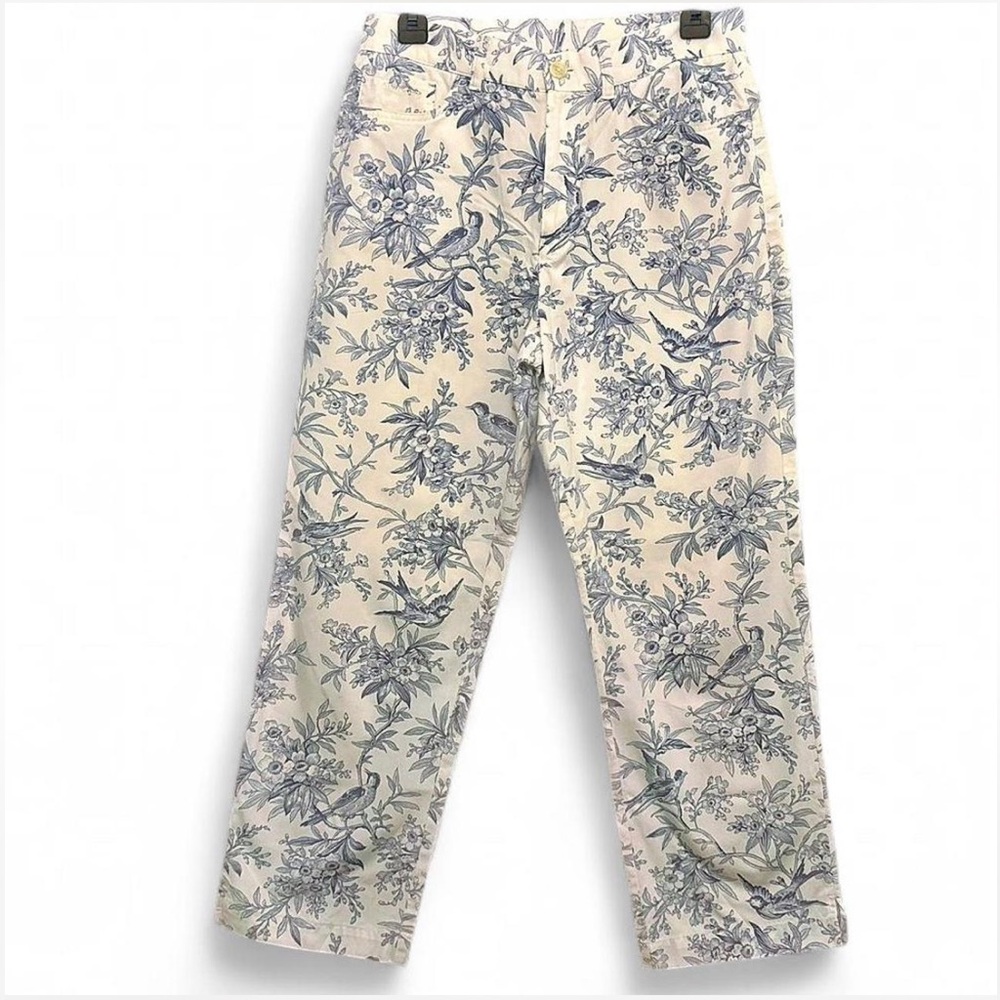 Ralph Lauren—White and Blue Floral Bird Cropped Trousers